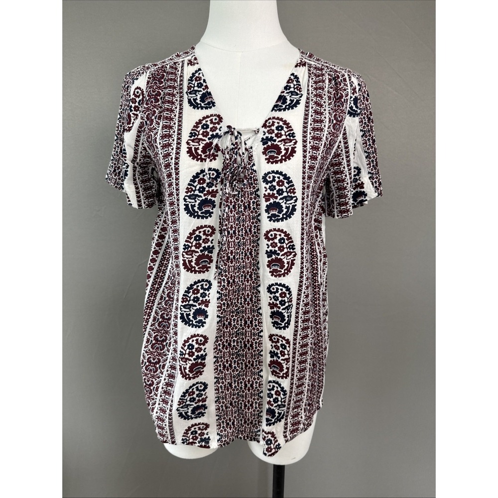 Lucky Brand Women's XS Floral V-Neck Tie Front Blouse